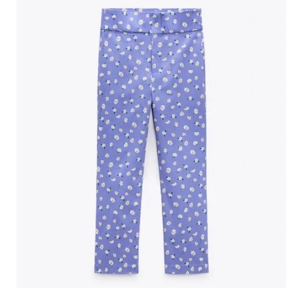 ZARA Blue Cornflower Cropped Daisy Pants M - Picture 2 of 7